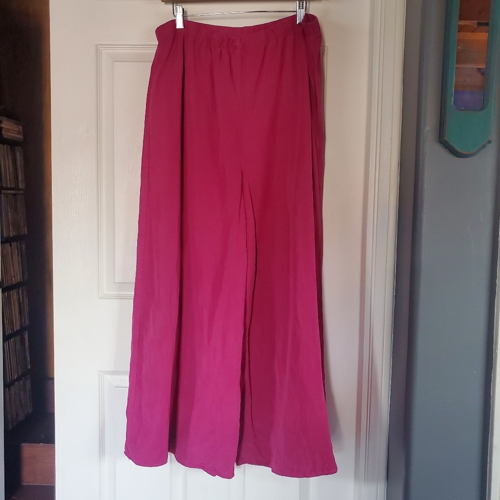 Linen Blend Magenta Wide-leg Pants Summer Vacation‎ Beachy Pull-on Elastic Waist